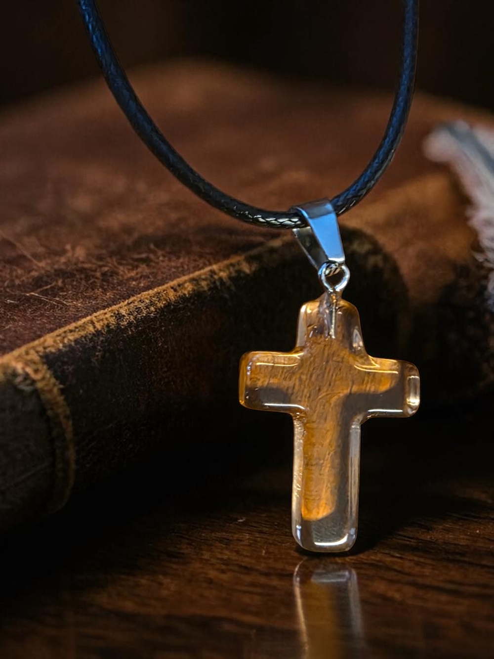 Tigers Eye Cross Pendant Necklace Black Cord
​